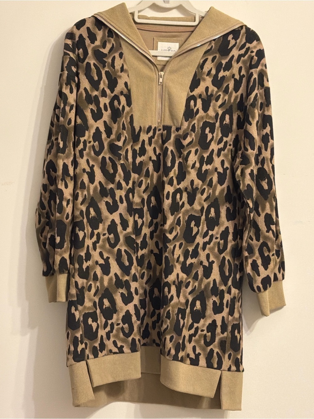 Umgee Tan & Black Leopard Half-Zip Pullover Dress. - Picture 2 of 3